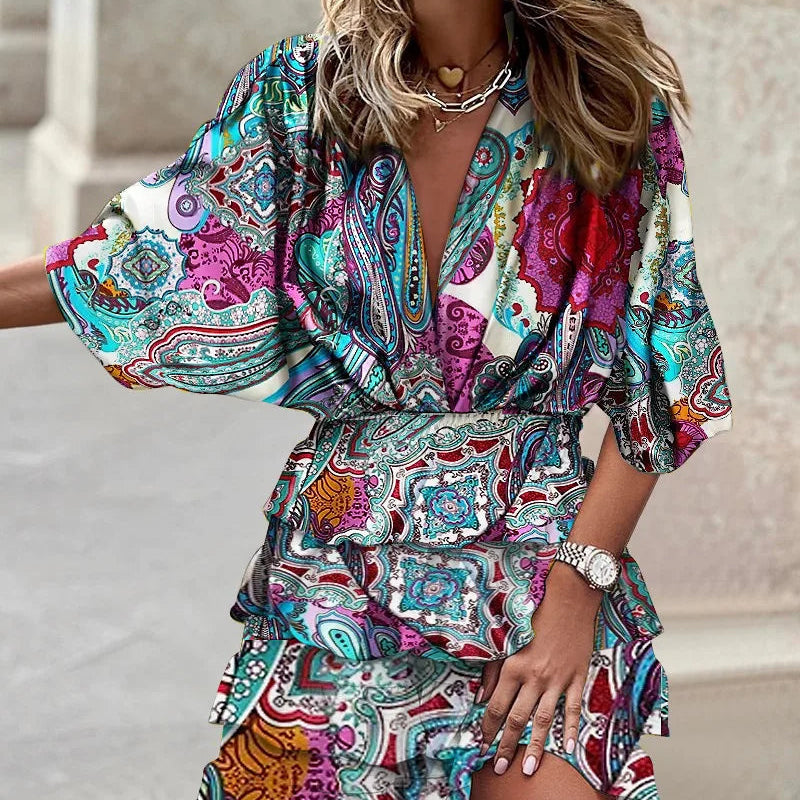 Selara Bay | Women's Tropical Print Ruffle Mini Dress