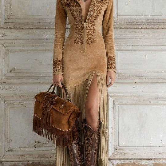 Selara Bay | Women's Embroidered Fringe Midi Dress