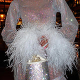 Selara Bay | Women's Crystal Mesh Feather Cuff Mini Dress