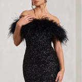 Selara Bay | Women's Sequin Feather Trim Mini Dress