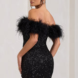 Selara Bay | Women's Sequin Feather Trim Mini Dress