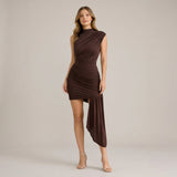 Selara Bay | Women's Ruched High Neck Asymmetrical Mini Dress