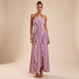 Selara Bay | Women's Pleated Halter Ruffle Maxi Dress
