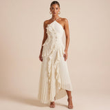 Selara Bay | Women's Pleated Halter Ruffle Maxi Dress