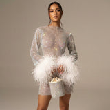 Selara Bay | Women's Crystal Mesh Feather Cuff Mini Dress