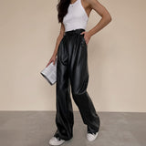 Selara Bay | Women's High Waist Wide Leg Faux Leather Pants