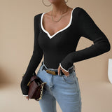 Selara Bay | Women's Ribbed V-Neck Long Sleeve Knit Top