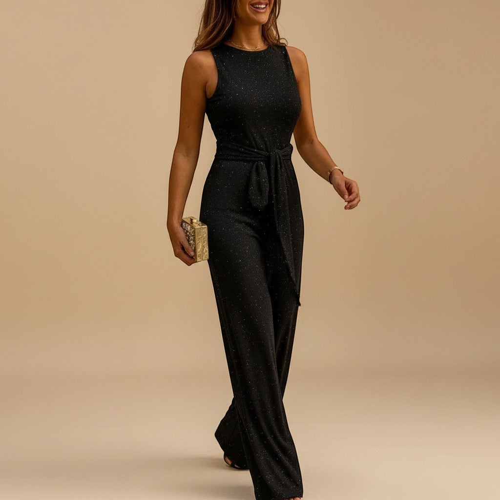 Selara Bay | Women's Sequin Belted Sleeveless Jumpsuit
