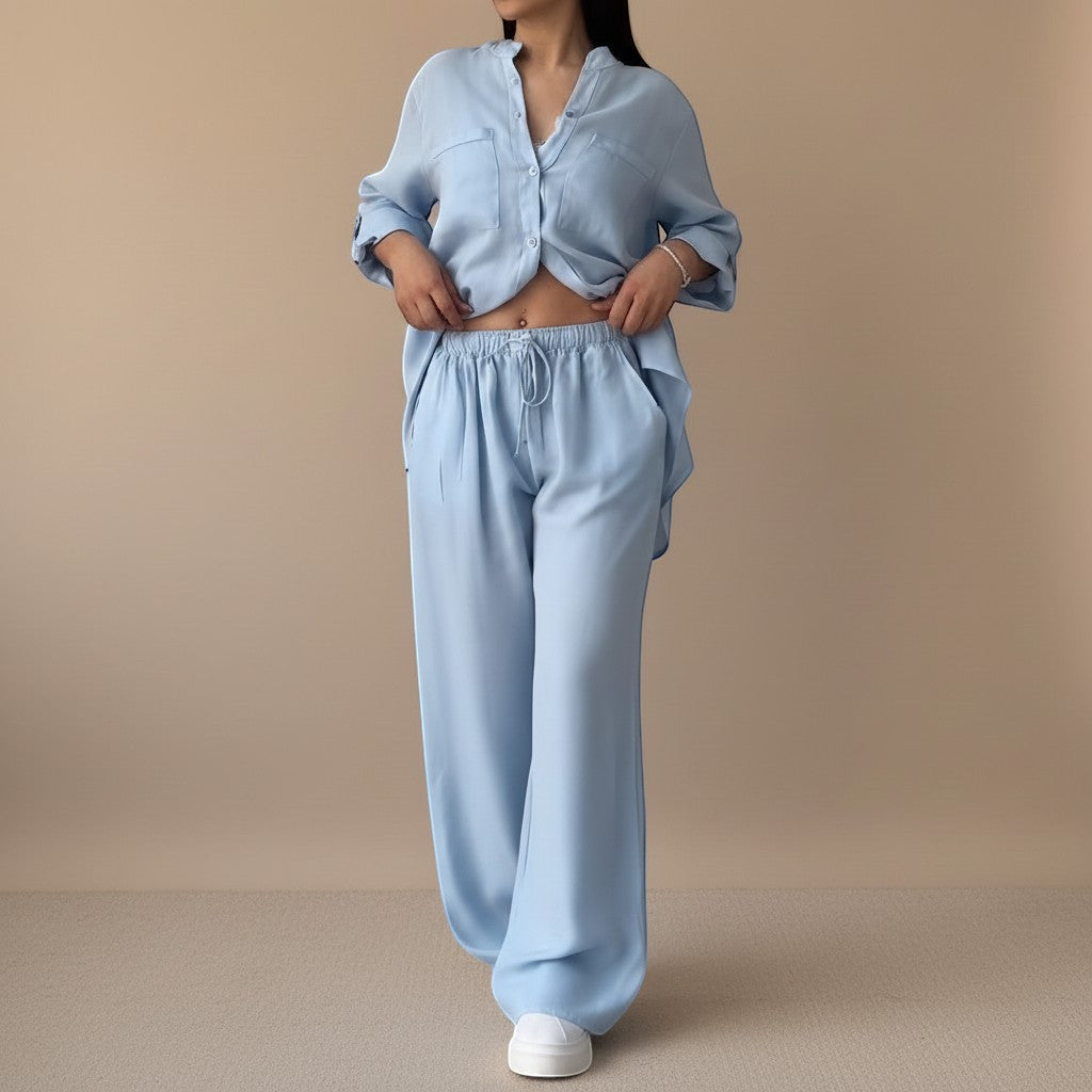 Selara Bay | Women's Button Shirt and Wide Leg Pants Set