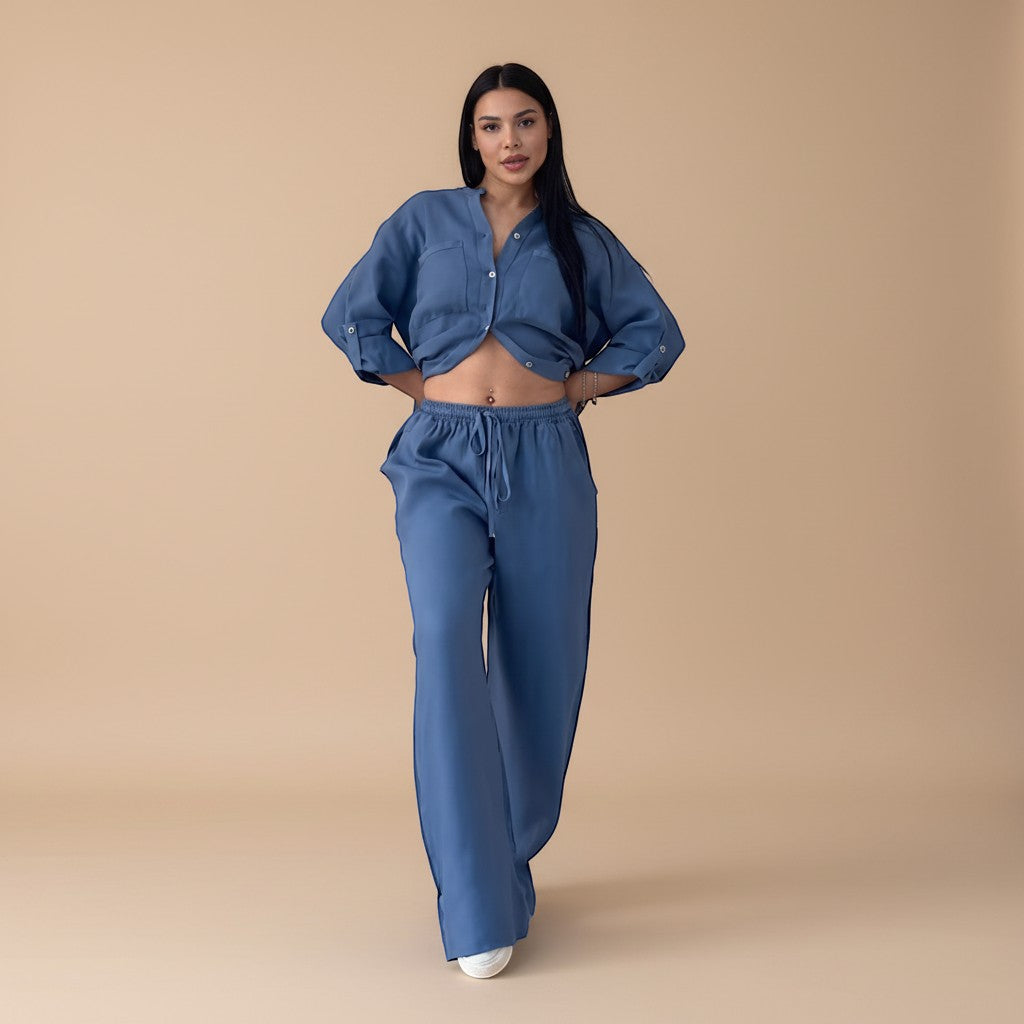 Selara Bay | Women's Button Shirt and Wide Leg Pants Set
