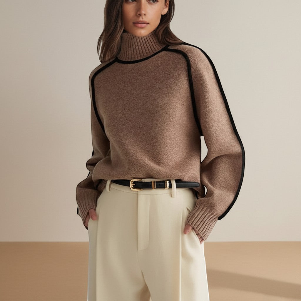 Selara Bay | Women's Contrast Trim Mock Neck Knit Sweater
