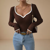 Selara Bay | Women's Ribbed V-Neck Long Sleeve Knit Top