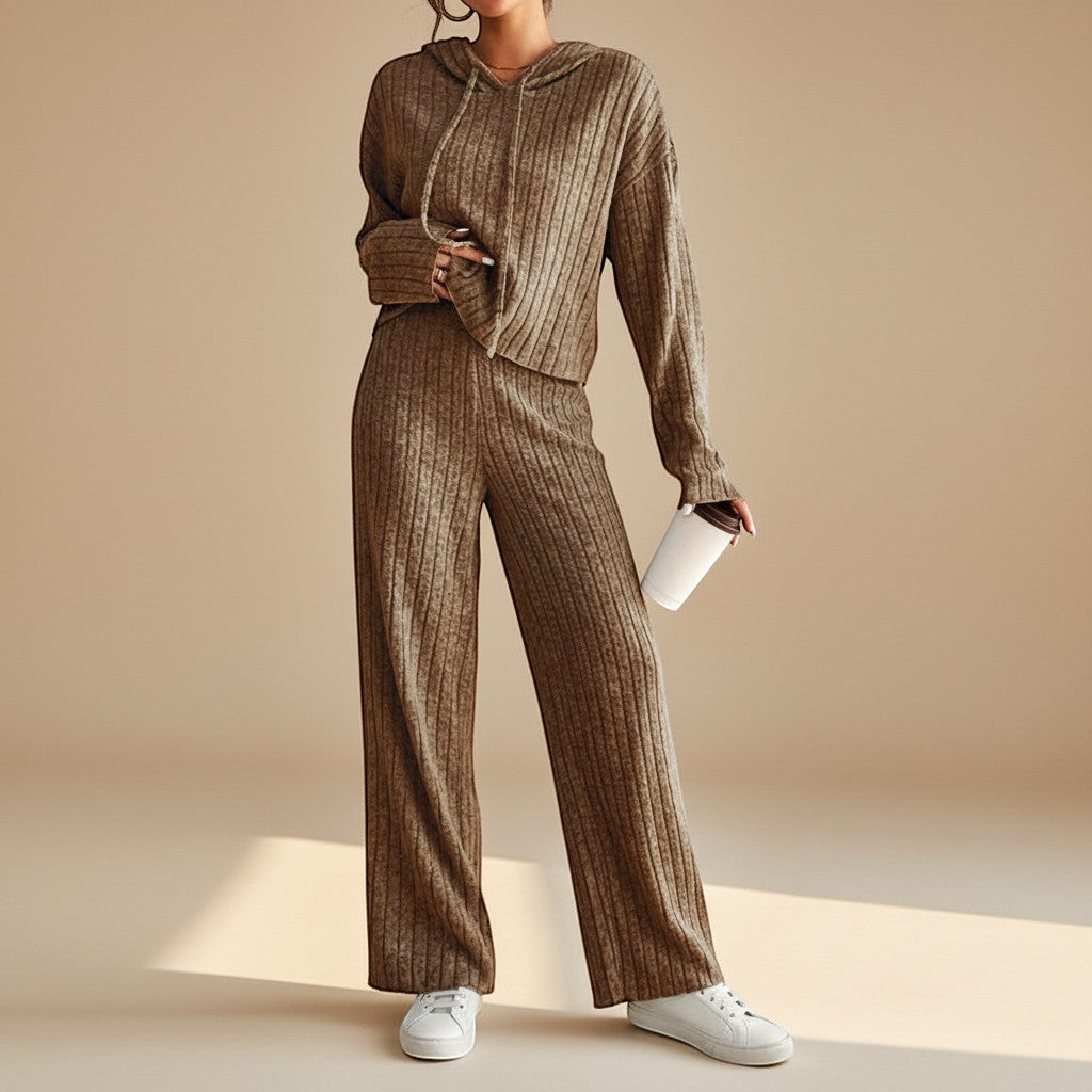Selara Bay | Women's Ribbed Hoodie and Wide Leg Pants Set