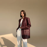 Selara Bay | Women's Oversized Faux Leather Blazer with Tailored Structure