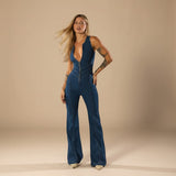Selara Bay | Women's Deep V-Neck Denim Jumpsuit