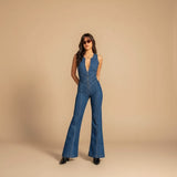 Selara Bay | Women's Deep V-Neck Denim Jumpsuit