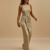 Selara Bay | Women's Sequin Belted Sleeveless Jumpsuit