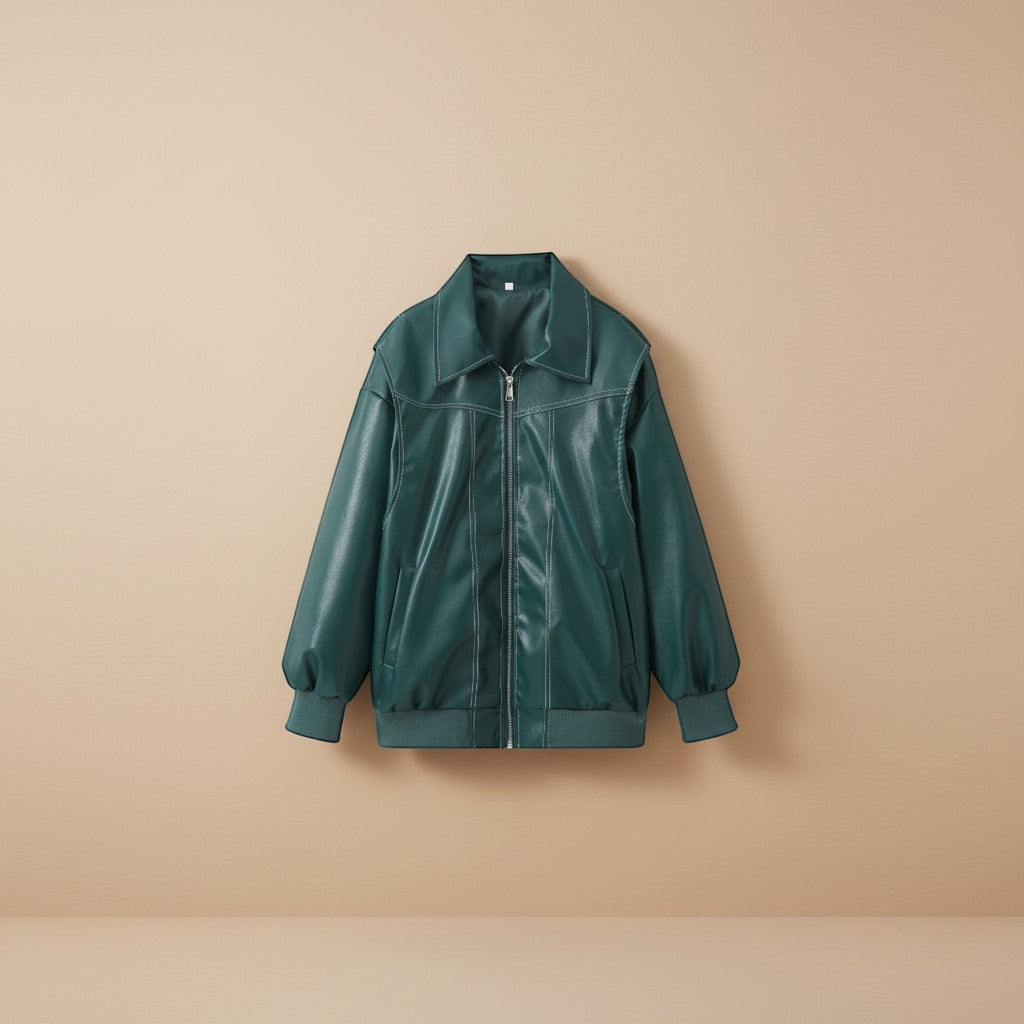 Selara Bay | Women's Oversized Zip Front Faux Leather Jacket