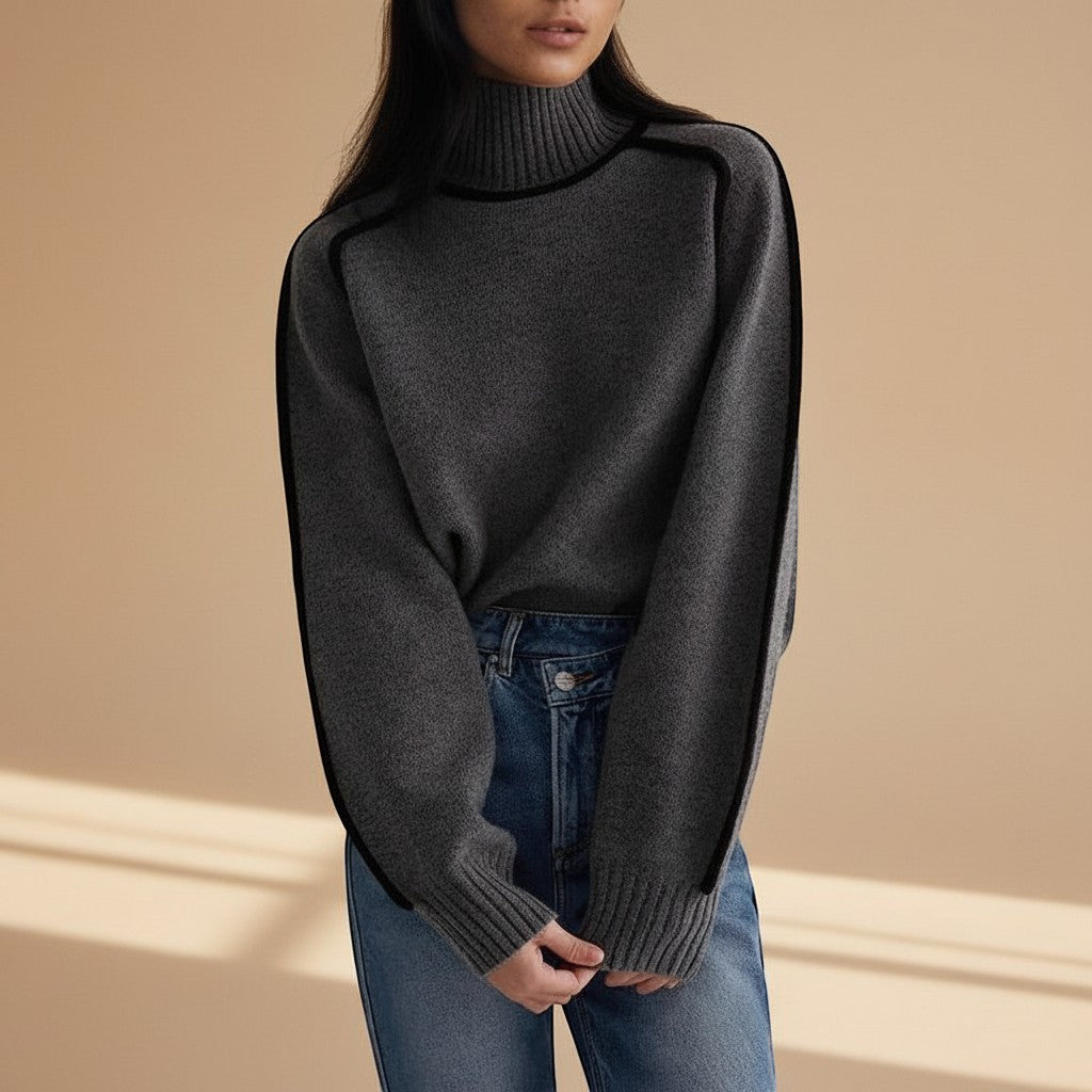 Selara Bay | Women's Contrast Trim Mock Neck Knit Sweater