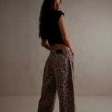 Selara Bay | Women's Leopard Print Wide Leg Jeans