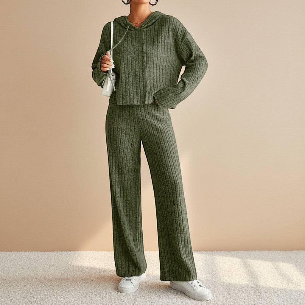 Selara Bay | Women's Ribbed Hoodie and Wide Leg Pants Set
