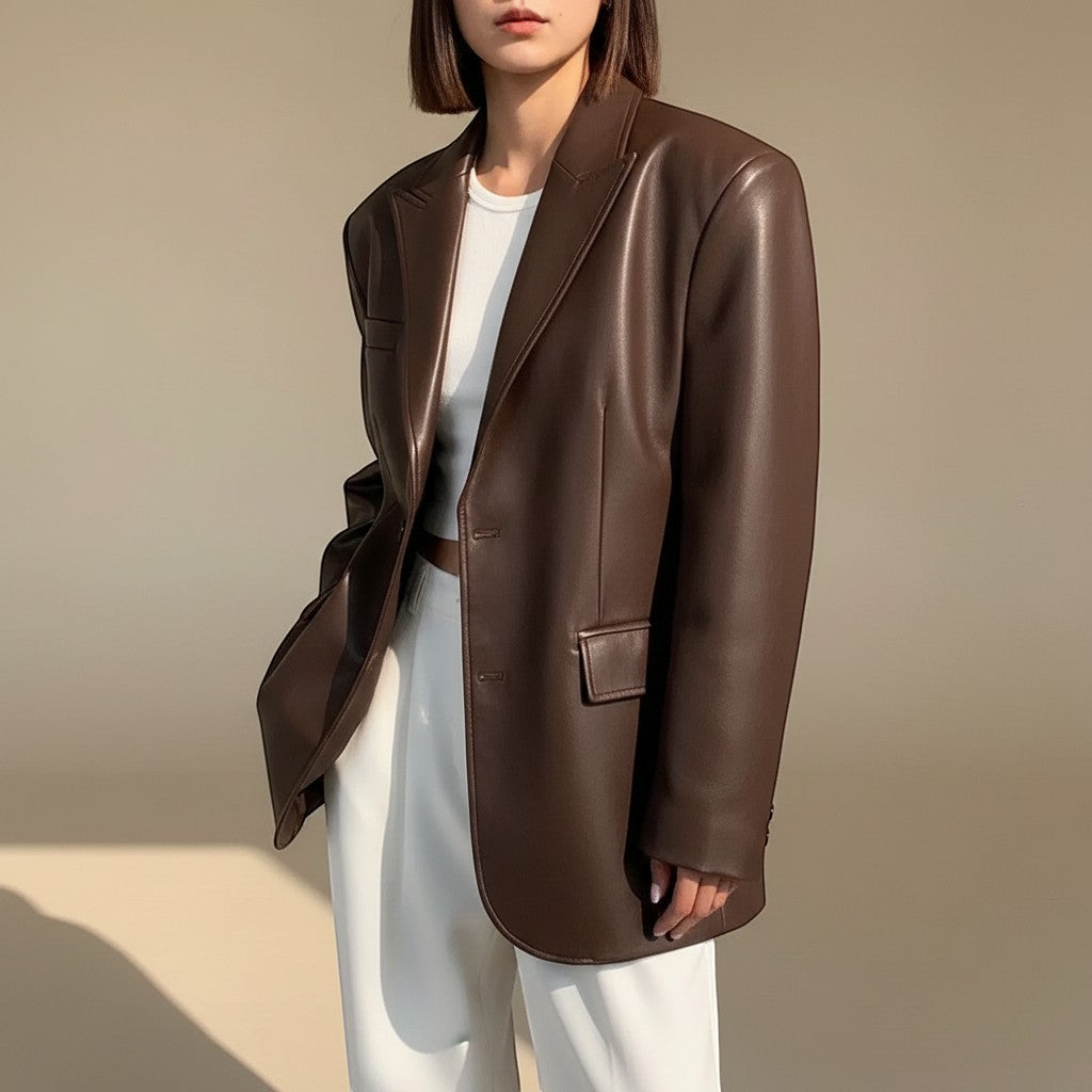 Selara Bay | Women's Oversized Faux Leather Blazer with Tailored Structure
