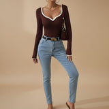 Selara Bay | Women's Ribbed V-Neck Long Sleeve Knit Top