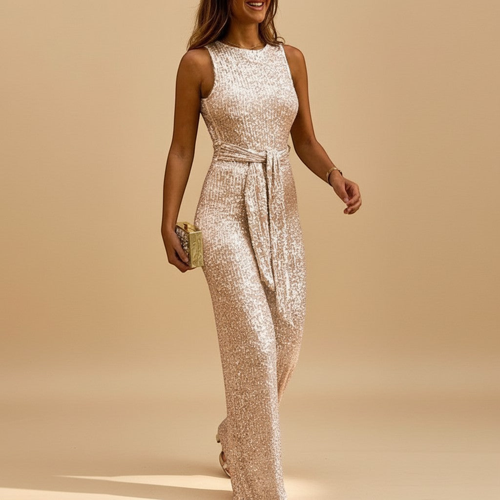 Selara Bay | Women's Sequin Belted Sleeveless Jumpsuit