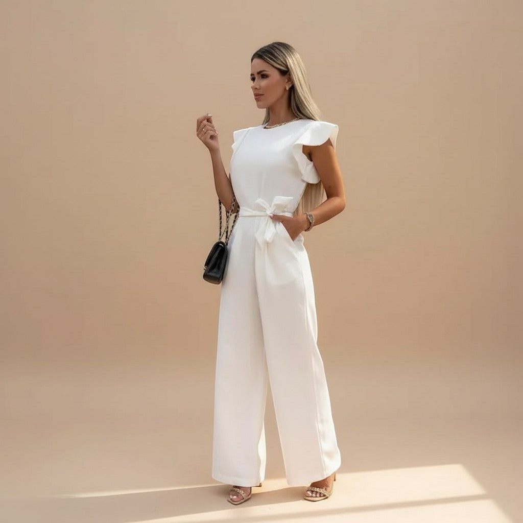 Selara Bay | Women's Belted Flutter Sleeve Jumpsuit
