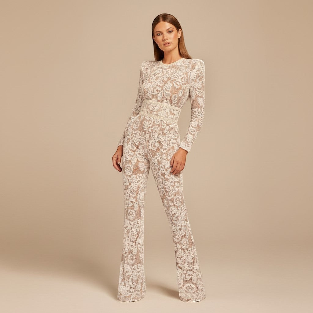 Selara Bay | Women's Lace Long Sleeve Flared Jumpsuit