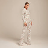Selara Bay | Women's Lace Long Sleeve Flared Jumpsuit