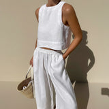 Selara Bay | Women's Sleeveless Linen Top and Wide Leg Pants Set